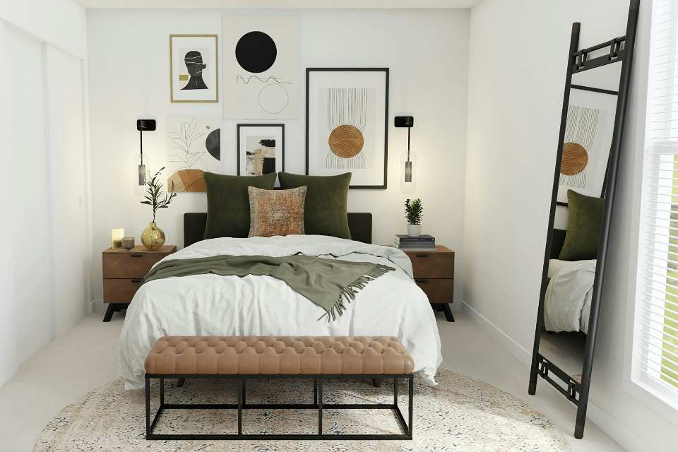 patterned circular rug layered over plush wall to wall carpet in bedroom with earth tones